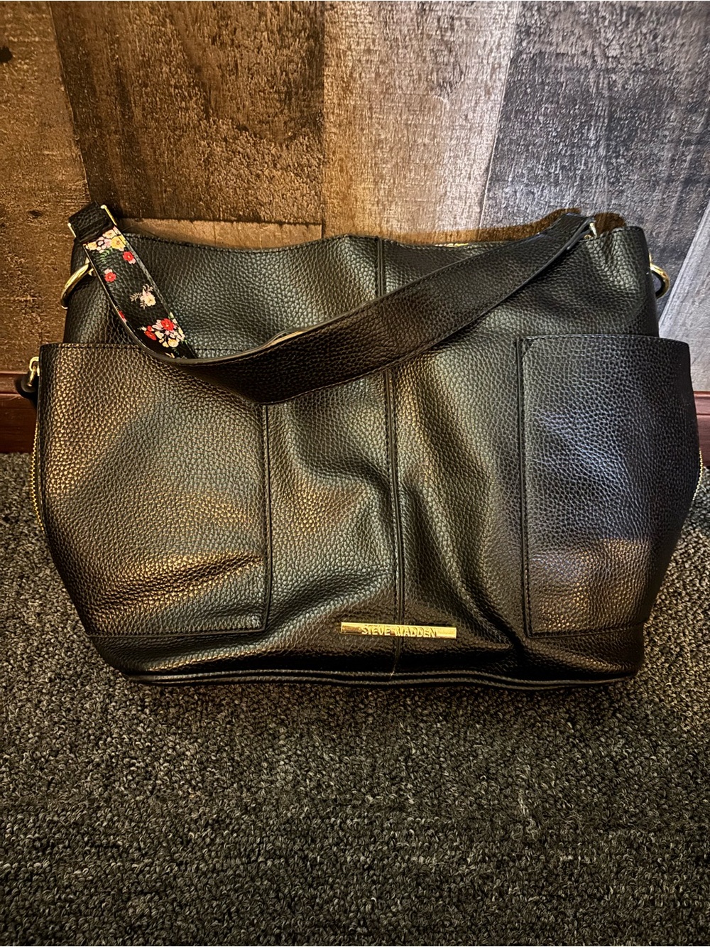 Steve Madden Black Pebbled Tote with Floral Strap Accent